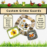 Custom grime guards with bee, butterfly, and flower designs on a grassy background.